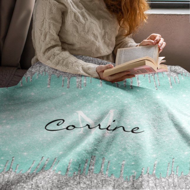Monogram Aqua Blue Ombre Glitter Silver Icing Drip Fleece Blanket (Creator Uploaded)