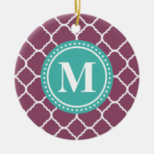 Monogram Aqua Blue Purple Quatrefoil Pattern Ceramic Ornament