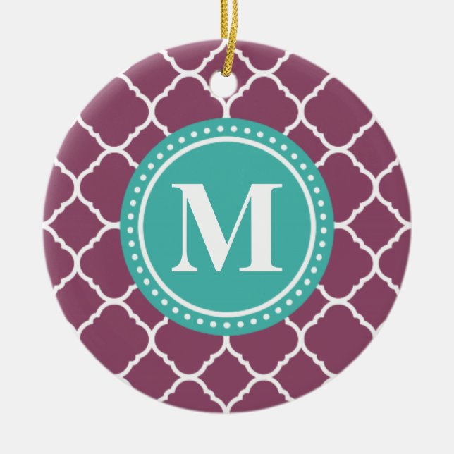 Monogram Aqua Blue Purple Quatrefoil Pattern Ceramic Ornament (Front)