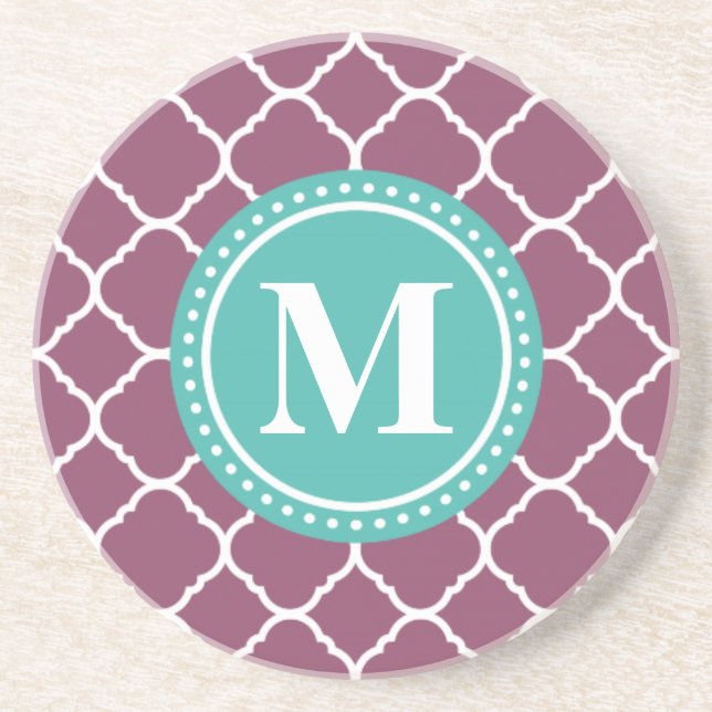 Monogram Aqua Blue Purple Quatrefoil Pattern Coaster (Front)