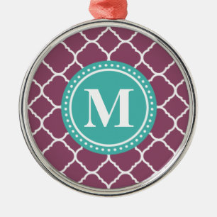 Monogram Aqua Blue Purple Quatrefoil Pattern Metal Ornament