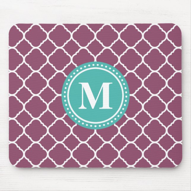 Monogram Aqua Blue Purple Quatrefoil Pattern Mouse Pad (Front)