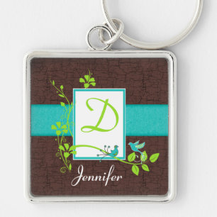 Monogram Aqua, Brown, Green, White Birds Keychain
