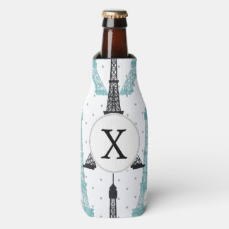 Monogram Aqua Chic Eiffel Tower Pattern Bottle Cooler