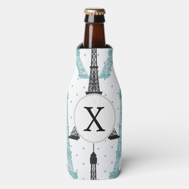 Monogram Aqua Chic Eiffel Tower Pattern Bottle Cooler (Bottle Front)