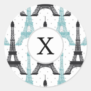 Monogram Aqua Chic Eiffel Tower Pattern Classic Round Sticker