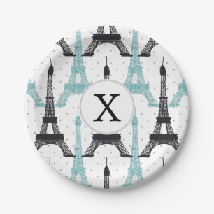 Monogram Aqua Chic Eiffel Tower Pattern Paper Plate