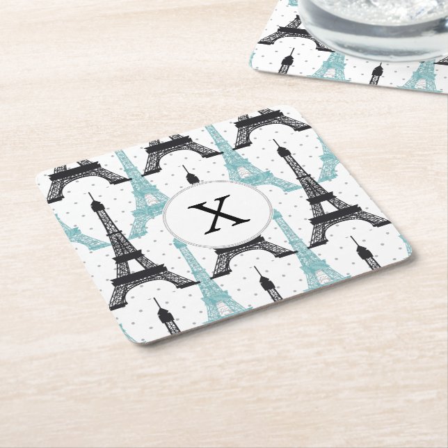 Monogram Aqua Chic Eiffel Tower Pattern Square Paper Coaster (Angled)