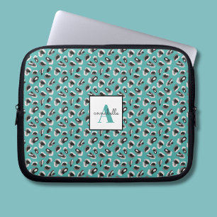 Monogram Aqua Leopard Animal Print Personalised Laptop Sleeve