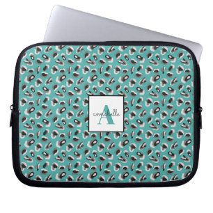 Monogram Aqua Leopard Animal Print Personalised Laptop Sleeve