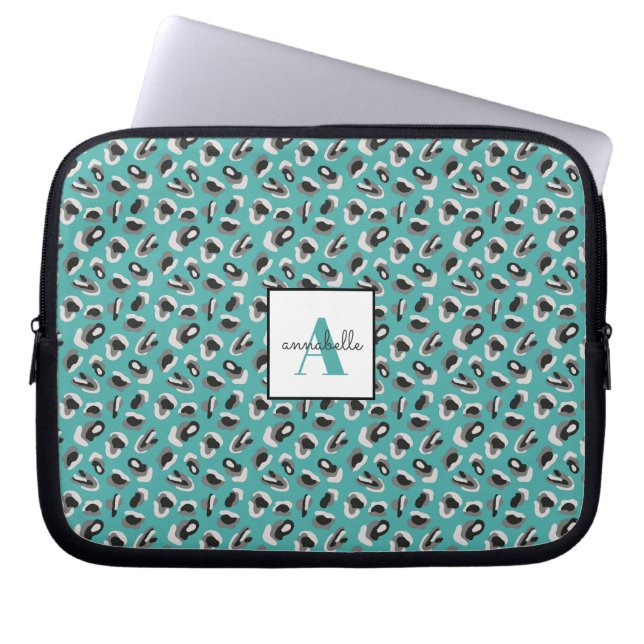 Monogram Aqua Leopard Animal Print Personalised Laptop Sleeve (Front)