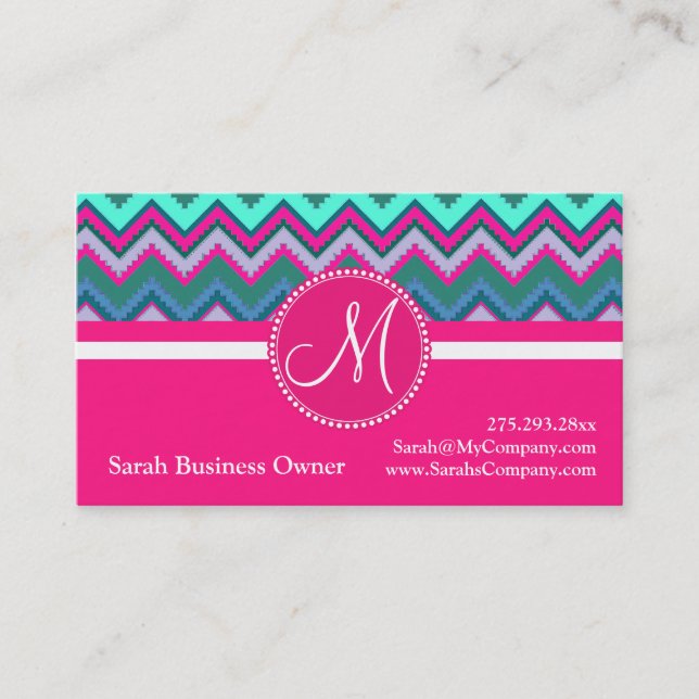 Monogram Aqua Teal Blue Pink Tribal Chevron Zigzag Business Card (Front)