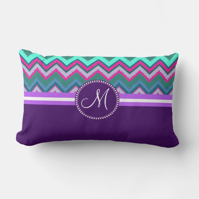 Monogram Aqua Teal Blue Pink Tribal Chevron Zigzag Lumbar Cushion (Front)