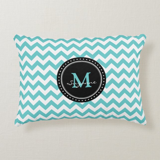 Monogram Aqua White Abstract Chevron Decorative Cushion (Front)