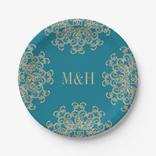 Monogram Aquamarine and Gold Indian Style Wedding Paper Plate