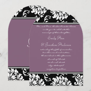 Monogram Arch Shape Purple Vintage Damask Wedding Invitation