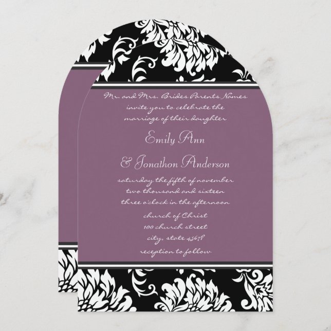 Monogram Arch Shape Purple Vintage Damask Wedding Invitation (Front/Back)