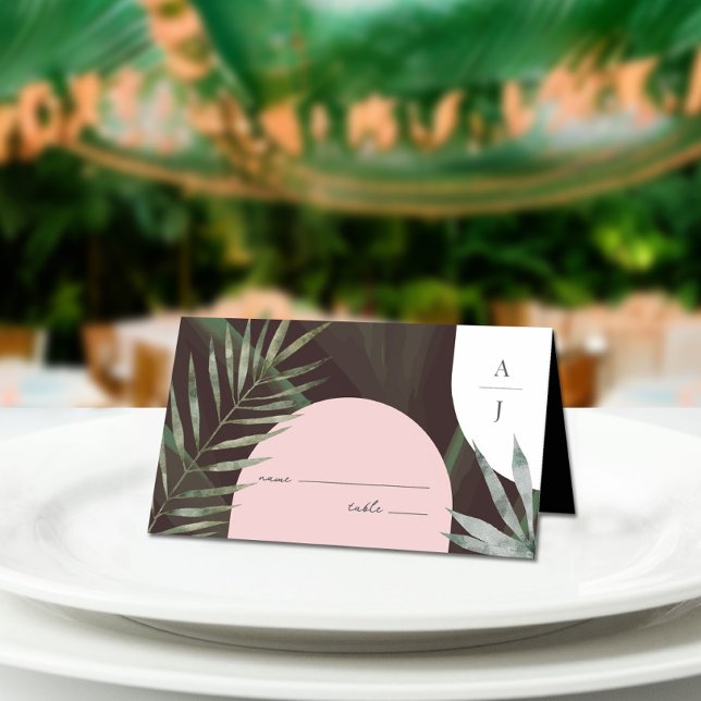 Monogram Arches Palm Tree Tropical Wedding Place Card (Creator Uploaded)