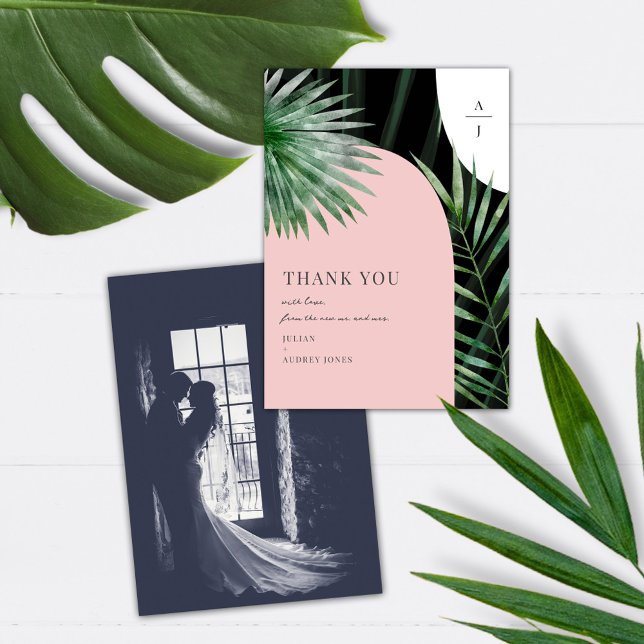 Monogram Arches Tropical Wedding Photo Thank You Card (Creator Uploaded)