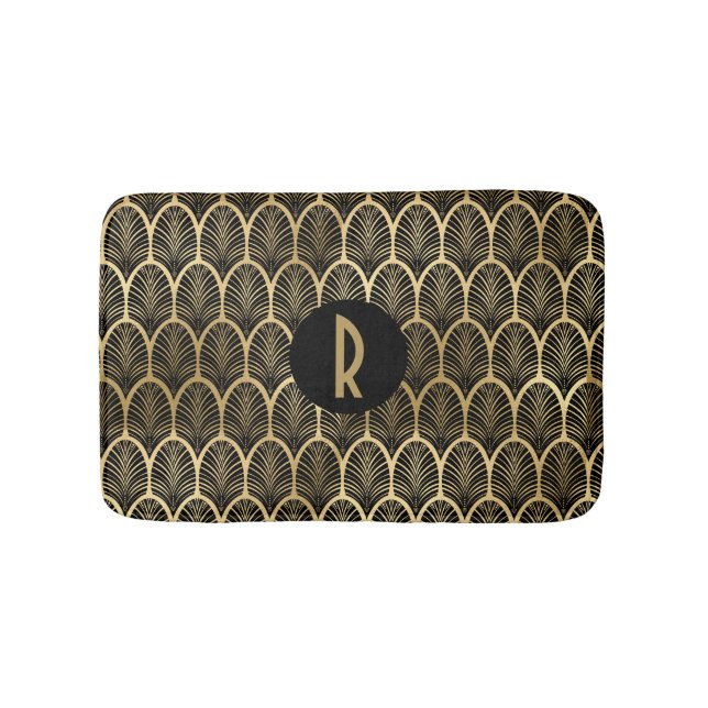 Monogram Art Deco Black and Gold Pattern Bath Mat (Front)