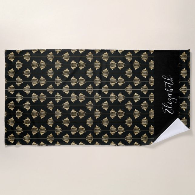 Monogram Art Deco Black Gold Beach Water Polo Swim Towel (Front)