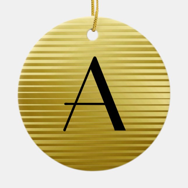 Monogram Art Deco Gold Satin Stripes Ceramic Tree Decoration (Front)