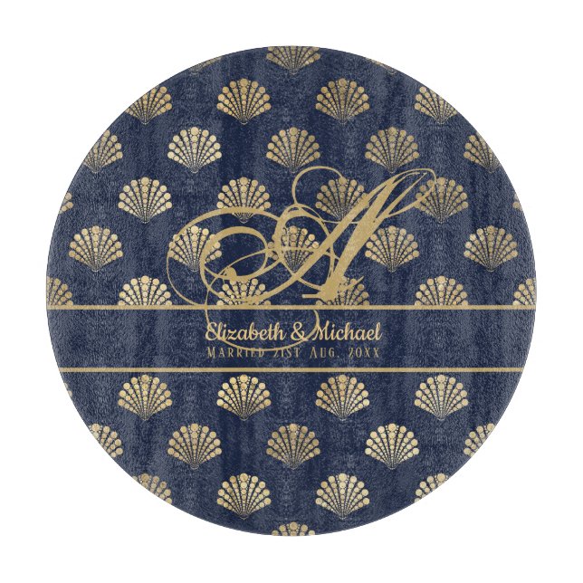 Monogram ART Deco Navy Blue Gold Shells Newlyweds Cutting Board (Front)