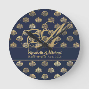 Monogram ART Deco Navy Blue Gold Shells Newlyweds Round Clock