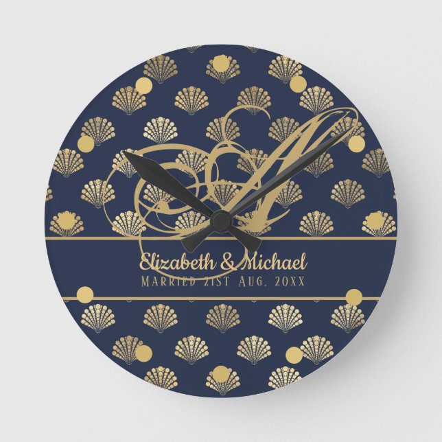 Monogram ART Deco Navy Blue Gold Shells Newlyweds Round Clock (Front)