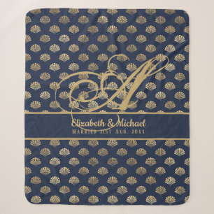 Monogram ART Deco Navy Blue Gold Shells Newlyweds Sherpa Blanket