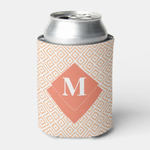 Monogram Art Deco Orange Geometric Greek Pattern Can Cooler