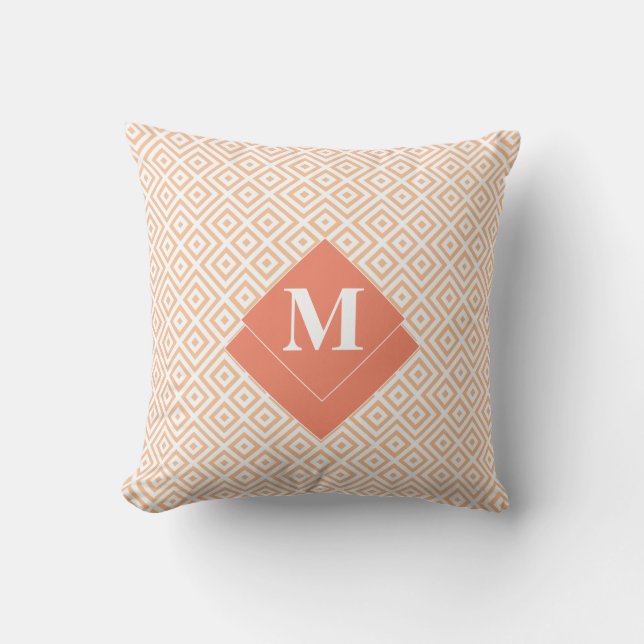 Monogram Art Deco Orange Geometric Greek Pattern Cushion (Front)