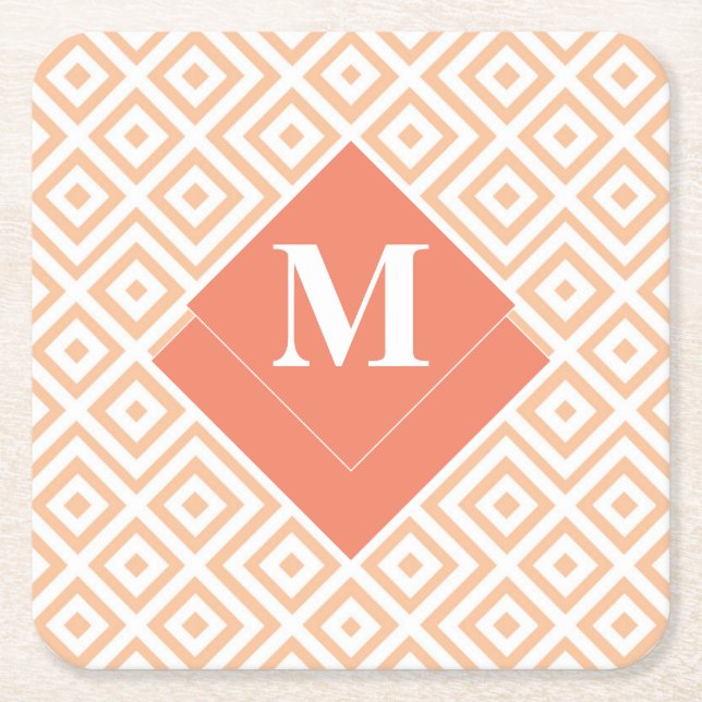 Monogram Art Deco Orange Geometric Greek Pattern Square Paper Coaster (Front)