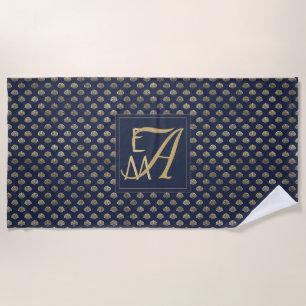 Monogram ART DECO Shells Navy Blue Gold Newlyweds Beach Towel