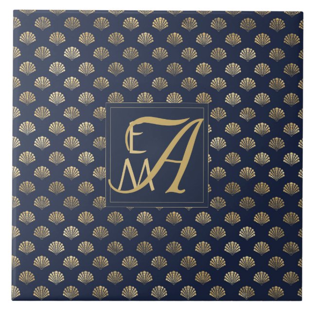 Monogram ART DECO Shells Navy Blue Gold Newlyweds Ceramic Tile (Front)