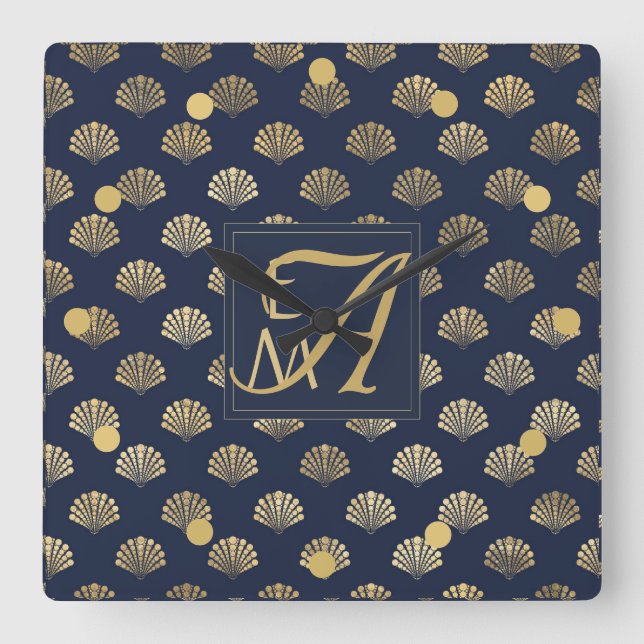 Monogram ART DECO Shells Navy Blue Gold Newlyweds Square Wall Clock (Front)