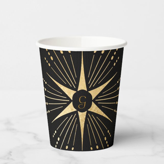 Monogram Art Deco Star Black and Gold Paper cup (Left)