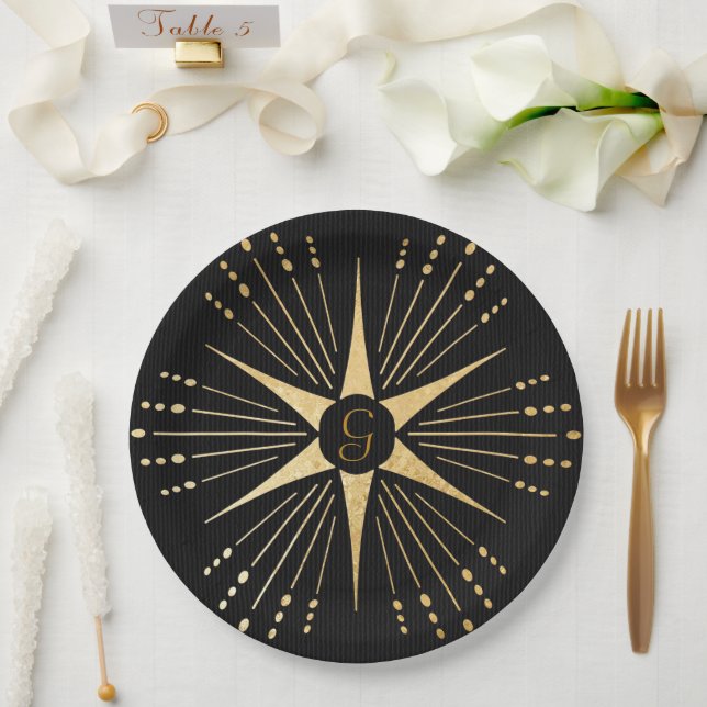 Monogram Art Deco Star Black and Gold Paper Plate (Wedding)
