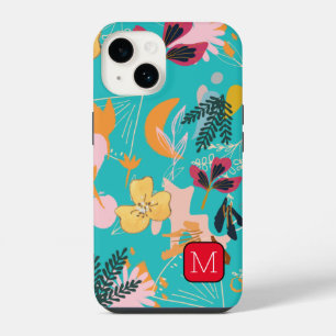 Monogram Attractive border Floral pattern Blue iPhone 14 Case