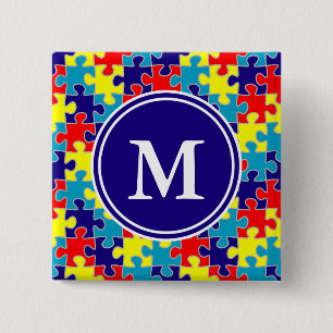 Monogram Autism Awareness Aspergers Puzzle Pattern 15 Cm Square Badge