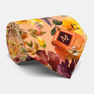 Monogram Autumn Colours Gold Peach Roses Floral Tie