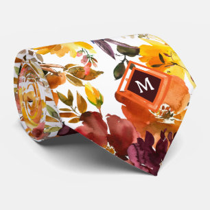 Monogram Autumn Colours Gold Peach Roses Floral Tie