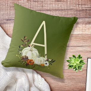 Monogram Autumn Flower & White Pumpkins Cushion