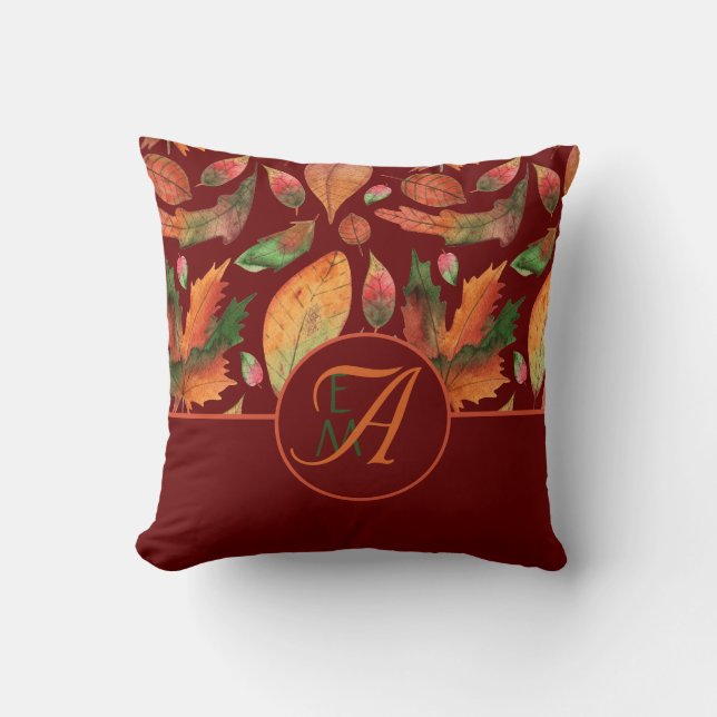 Monogram Autumn Leaves Fall Burgundy Decor Cushion (Front)