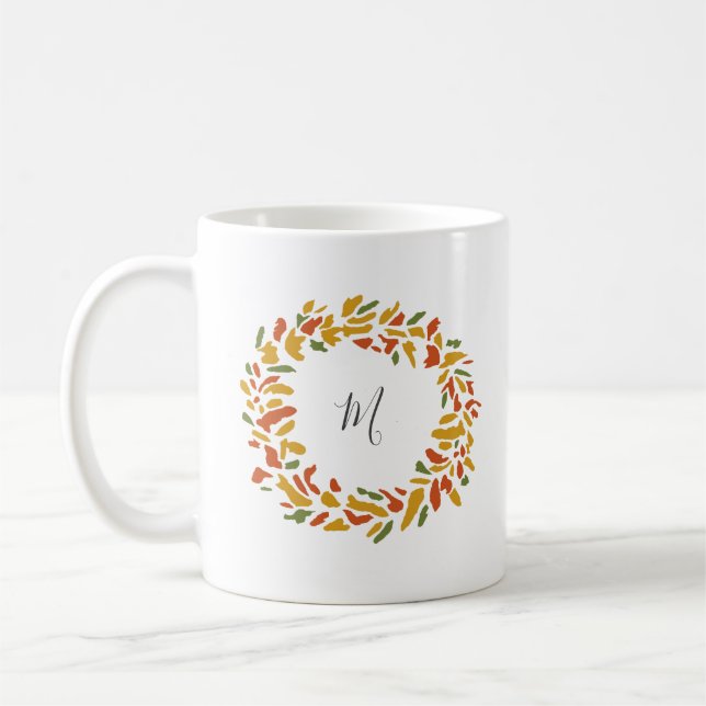 Monogram Autumn Wreath Throw Pillow Coffee Mug (Left)
