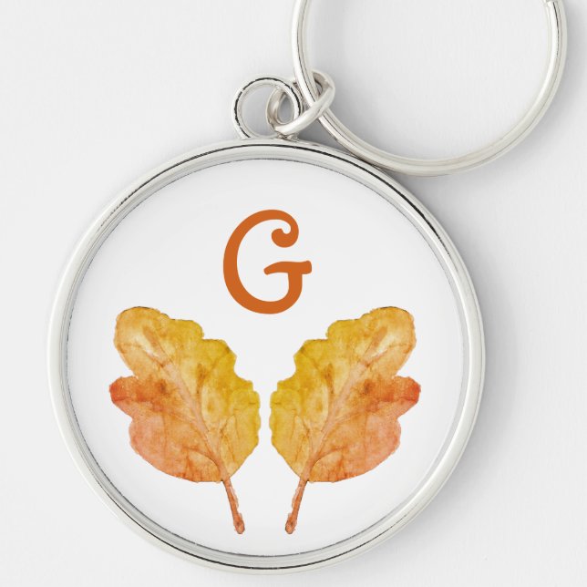 Monogram Autumnal Fall Foliage Orange Leaves Key Ring (Front)