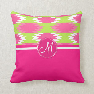 Monogram Aztec Andes Tribal Hot Pink Lime Green Cushion