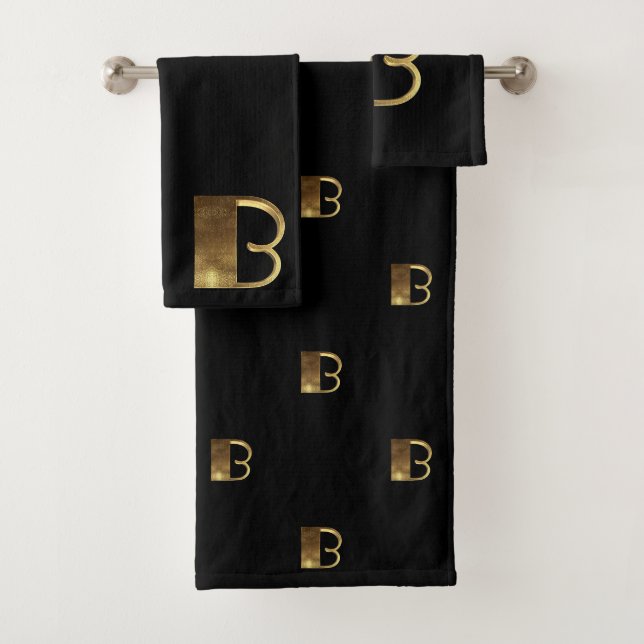 Monogram B Black and Gold Look Elegant Typography Bath Towel Set (Insitu)