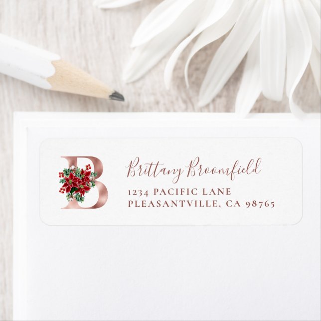 Monogram B Christmas Rose Gold Return Address Label (Insitu)
