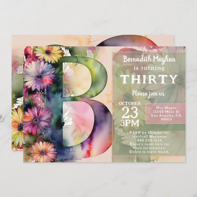 Monogram B Colorful Watercolor Flowers Birthday  Invitation (Front/Back)